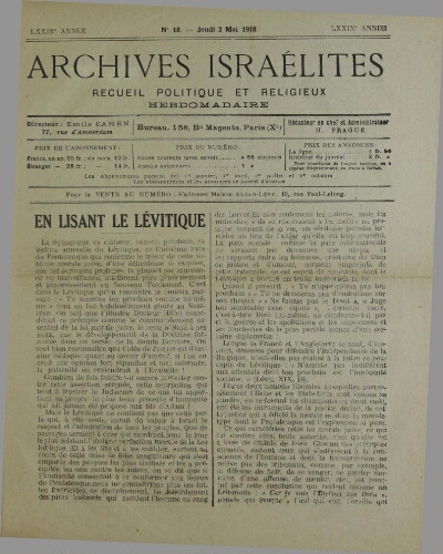 Archives israélites de France. Vol.79 N°18 (02 mai 1918)